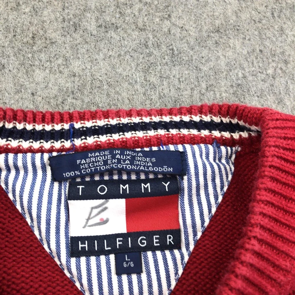 Vintage Tommy Hilfiger Sweater Mens Large Red Cotton Knit Crewneck Chest Logo